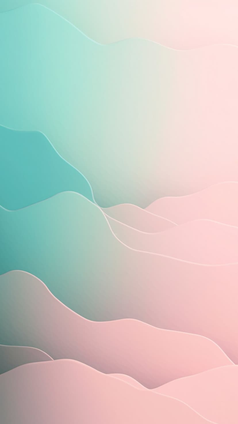 Teal and pink flowing waves overlap with soft shadows in a vertical minimalist abstract composition.