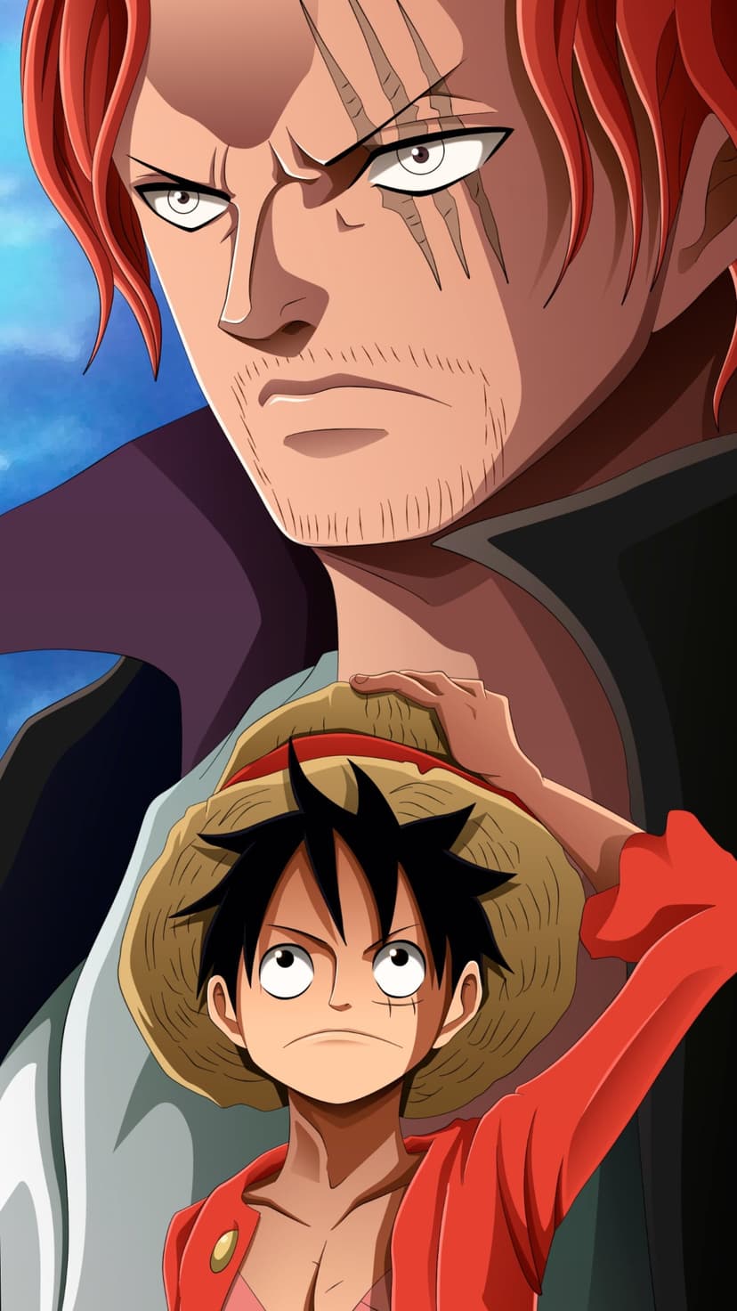 Shanks places a straw hat on Luffy’s head against a bright blue sky in this vertical anime composition.
