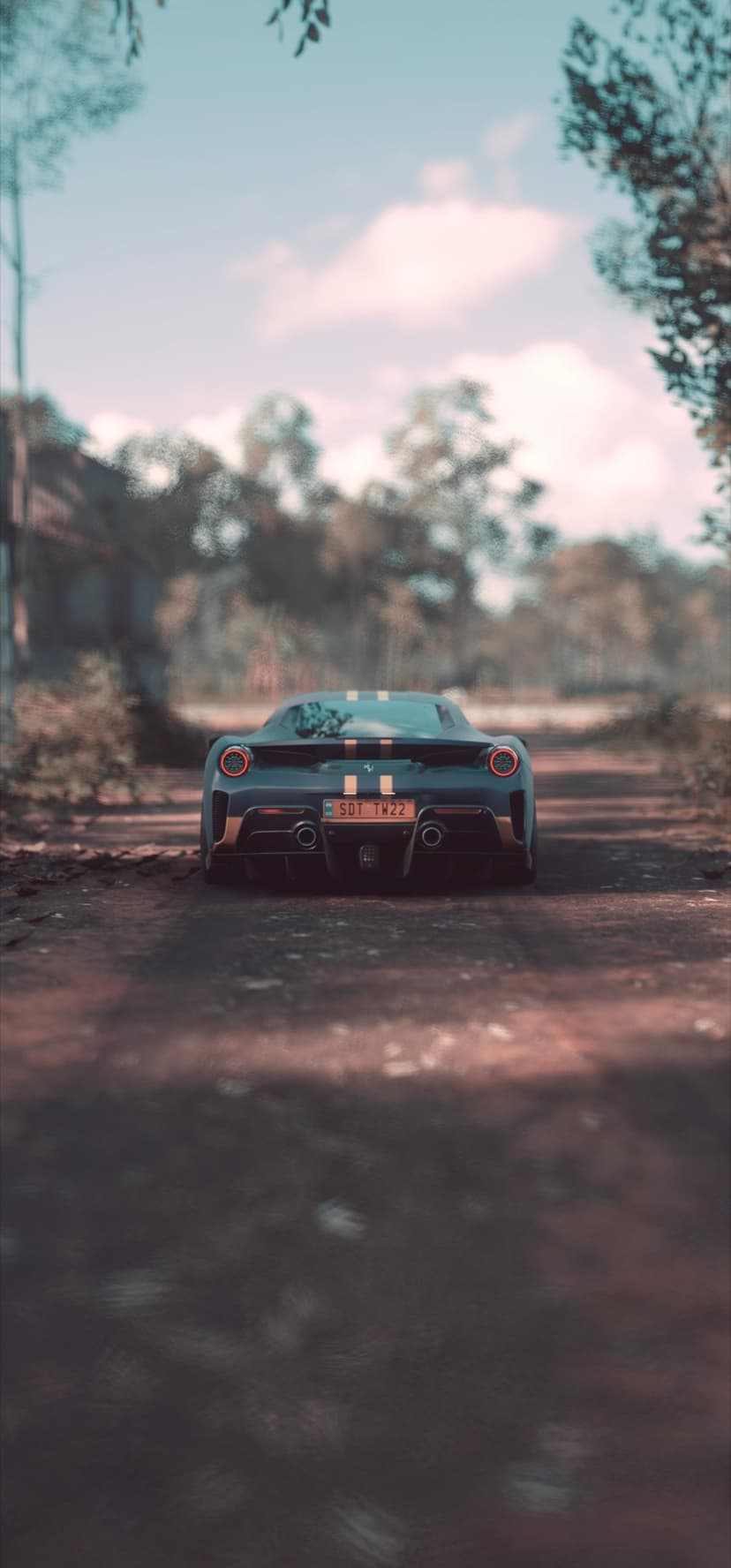 Black Ferrari 488 Pista rear view on a dirt road with yellow stripes, green trees, and a cloudy sky background.