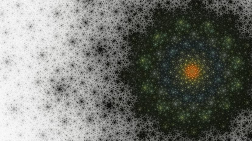 Orange light radiates through a complex geometric spiral transitioning into blue and green fractals.
