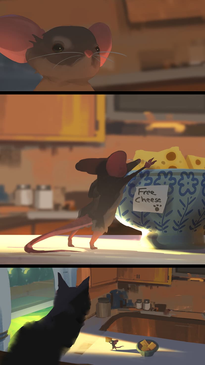 Small brown mouse reaching for a bowl of cheese as a black cat watches from dark kitchen shadows in panels.