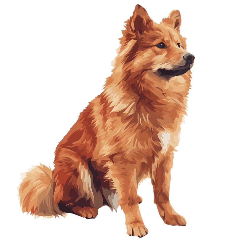 Finnish Spitz dog with orange fluffy fur sits in a foxy-red coat featuring pointed ears and a curled tail.