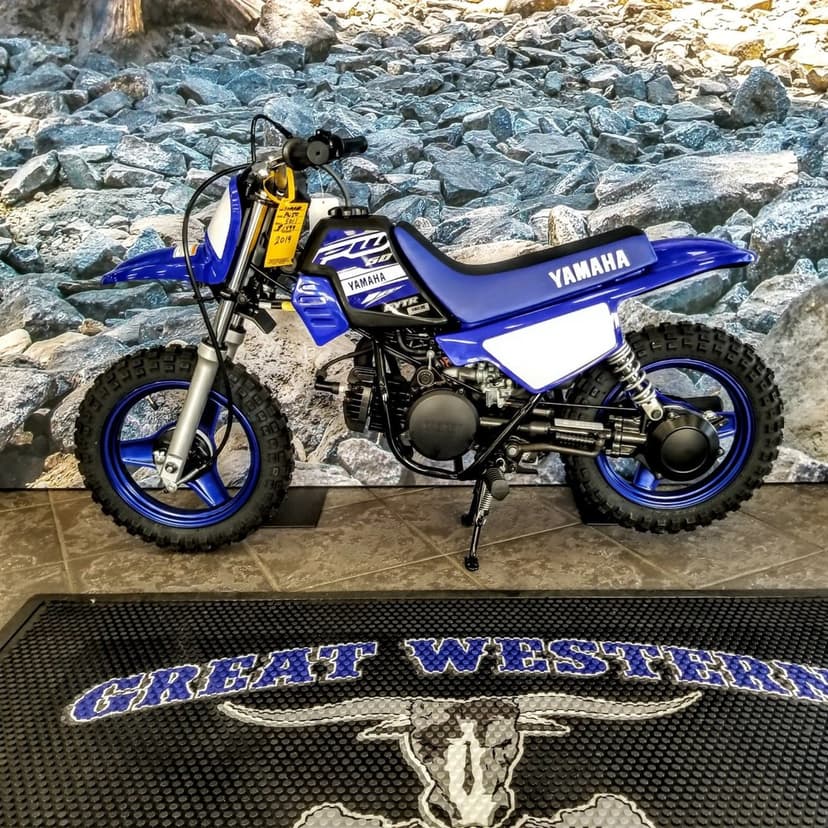Blue Yamaha PW50 youth dirt bike with knobby tires and matching blue rims against a rocky mural background.