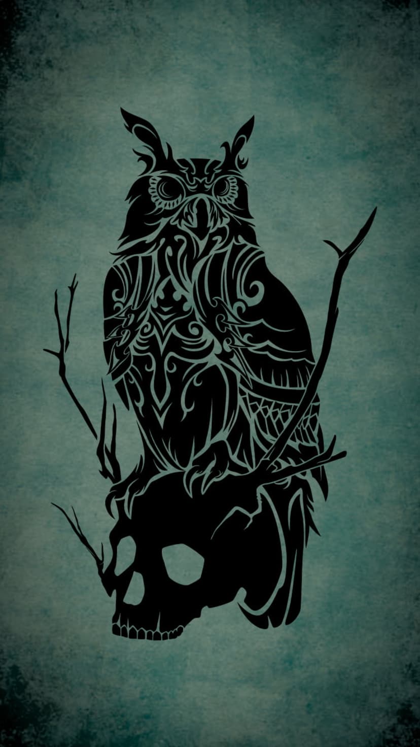 Black tribal owl silhouette perched on a human skull with leafless branches over a textured teal background.