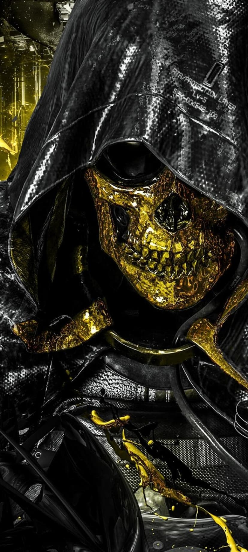 Grim reaper with a golden skull mask and black hood featuring glowing yellow energy splatters on tactical gear.