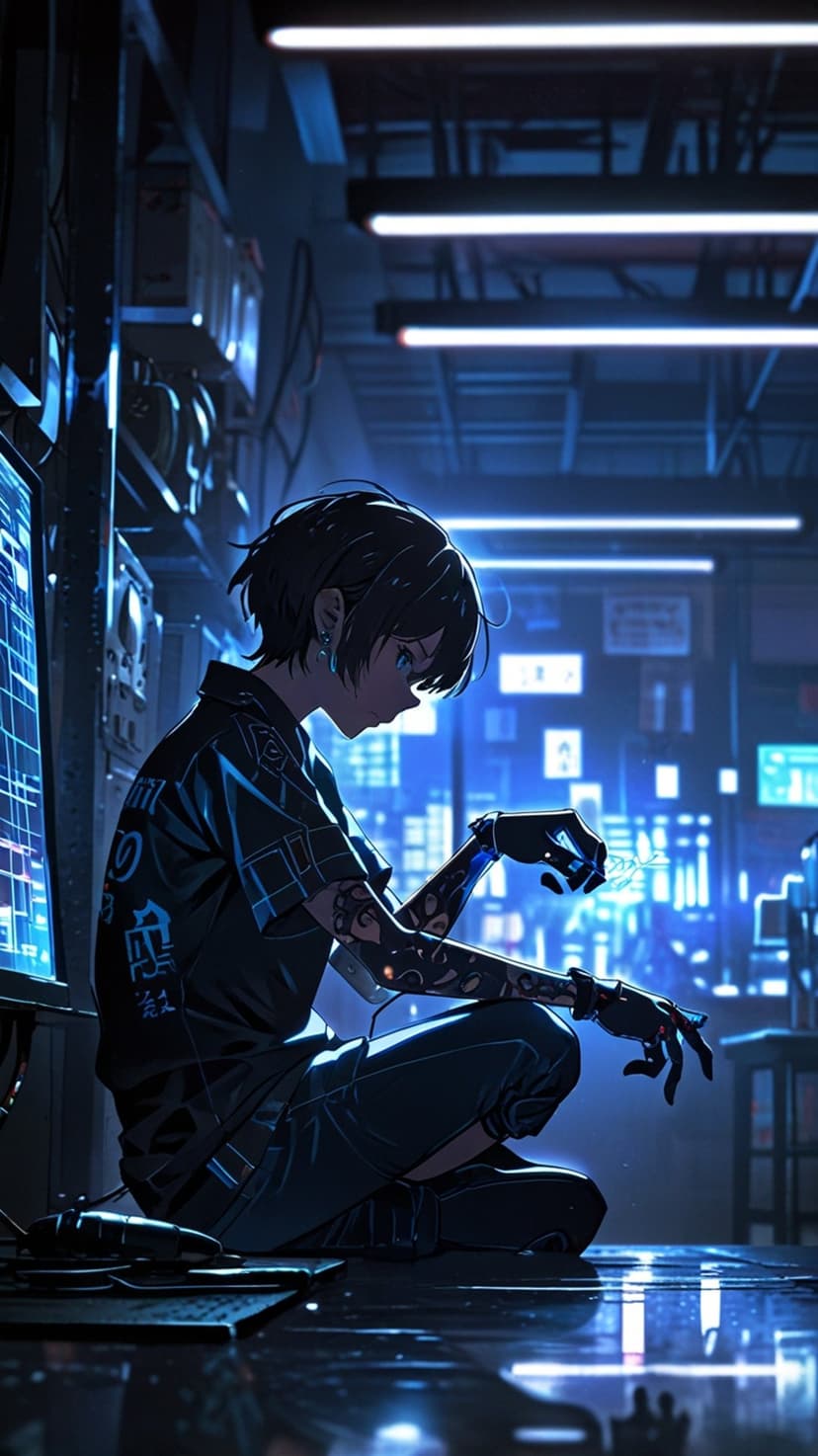 Anime character with a handheld device sits in a dark room illuminated by glowing blue computer screens and wires.