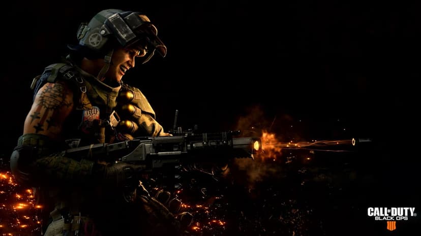 A soldier shouting while firing a grenade launcher with bright orange sparks against a black background.