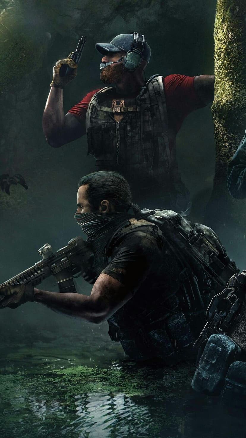 Two special operations soldiers in tactical gear move through a dark, misty swamp with firearms in vertical view.