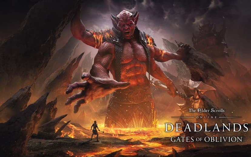 A four-armed red demon towers over a small warrior in a volcanic landscape with flowing lava and dark clouds.