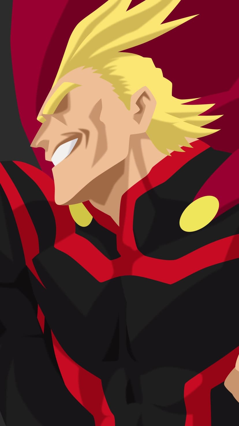 All Might in a side profile view showing a muscular build, yellow hair, and a flowing red cape on a plain backdrop.