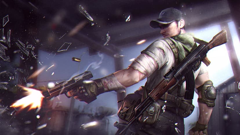 Soldier firing a handgun as glass shatters in a dark, gritty environment with a bright muzzle flash.
