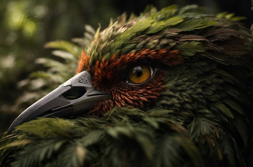 Kaka parrot head profile showing a glowing amber eye, hooked dark beak, and mossy green feathers in macro detail.