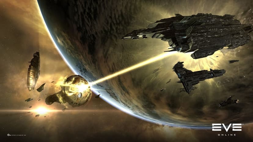 Industrial space ship firing a yellow laser beam at a golden vessel against a swirling gas giant planet.