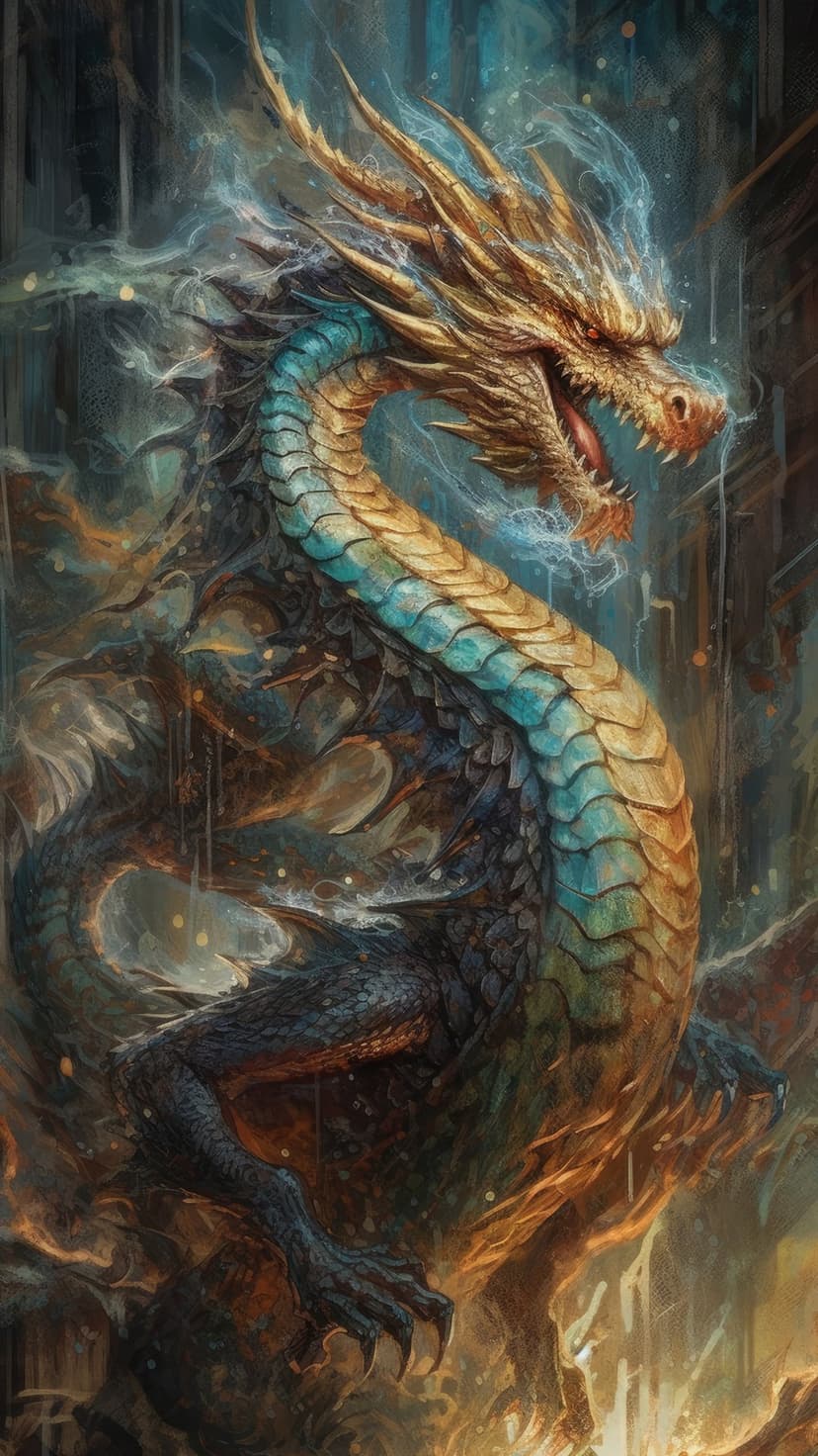 Golden serpentine dragon with turquoise scales and blue energy wisps emerging from a dark atmospheric background.