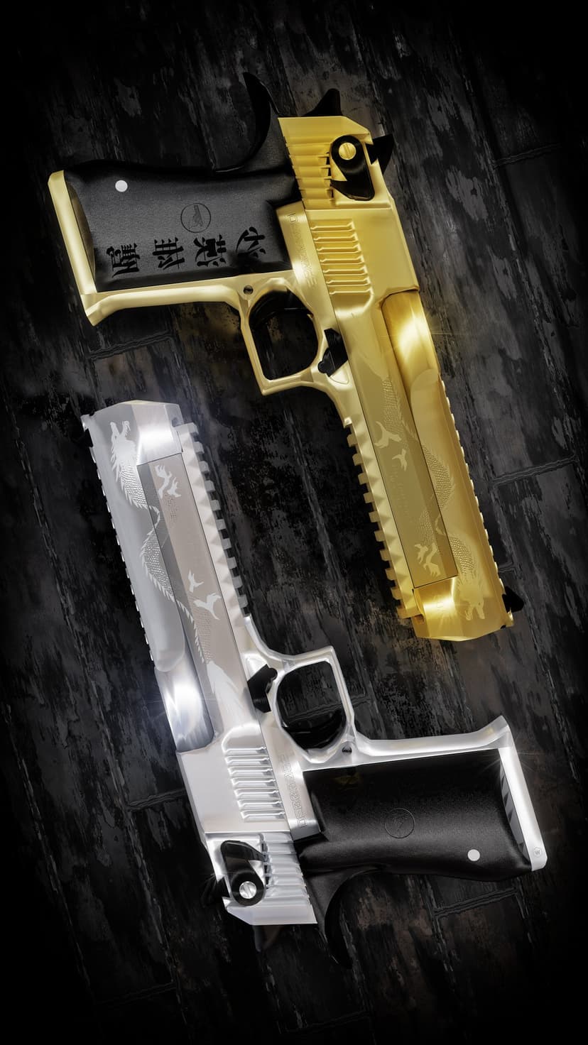 Gold and silver Desert Eagle pistols with intricate dragon engravings rest on a dark, textured surface.
