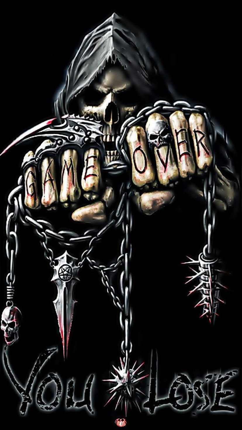 Grim Reaper with crossed arms and skull brass knuckles labeled Game Over, featuring chains and You Lose text.