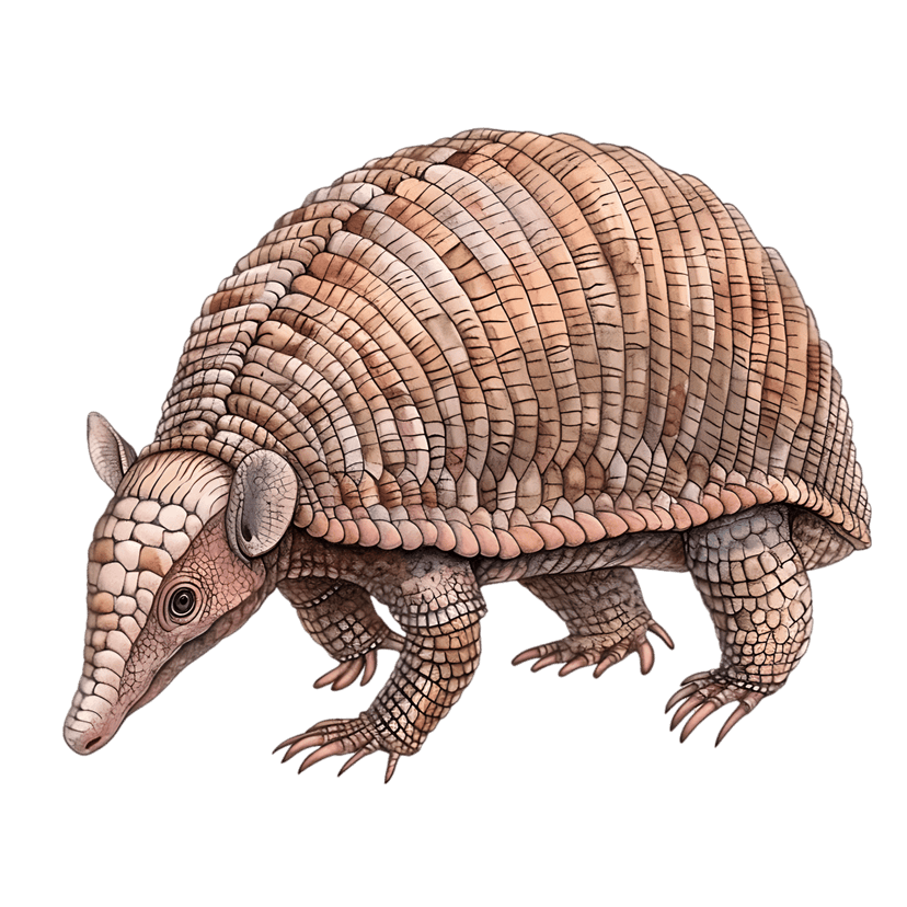 Armadillo illustration showing detailed armor plates, sharp claws, and a pointed snout on a dark background.