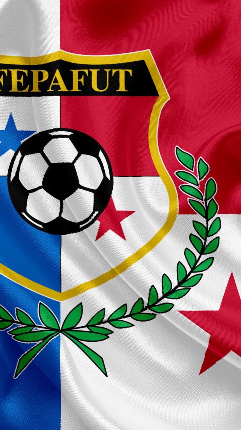 Panama flag with a soccer ball, FEPAFUT emblem, and green laurel wreath draped in high-contrast fabric folds.
