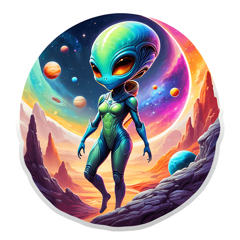 Sci-fi alien sticker features a blue-green creature with glowing orange eyes on a purple rocky planet surface.