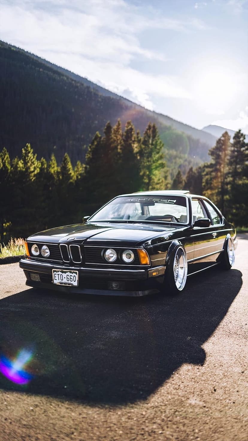 Black BMW E24 M6 coupe with lowered suspension parked on a mountain road surrounded by green pine trees.