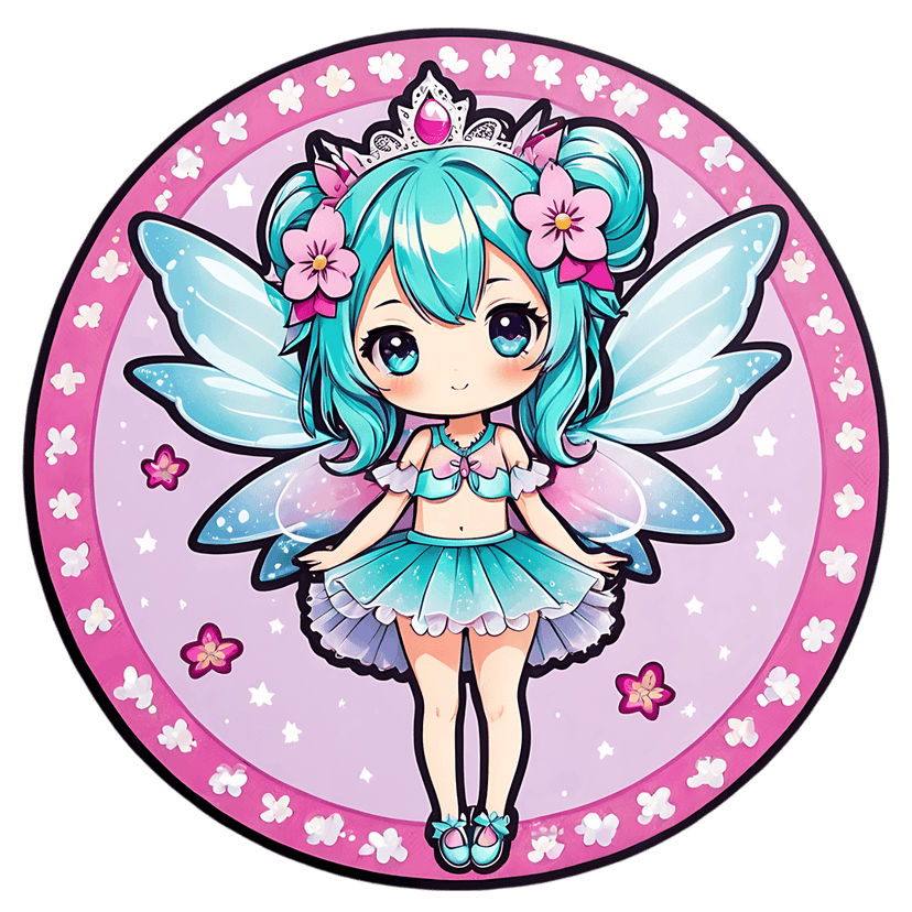 Chibi fairy sticker features translucent blue wings and pink flowers inside a lavender star patterned circle.