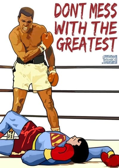 A cartoon of Muhammad Ali standing over a defeated Superman in a boxing ring