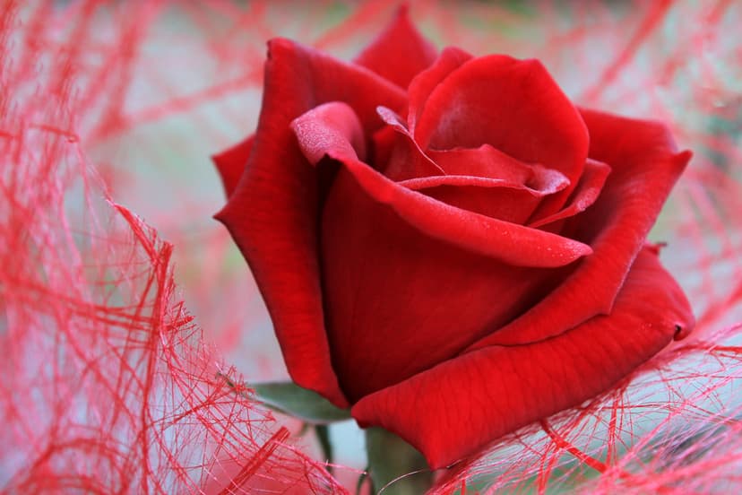 Deep red rose petals partially covered by fine crimson mesh netting with a soft-focus bokeh background.