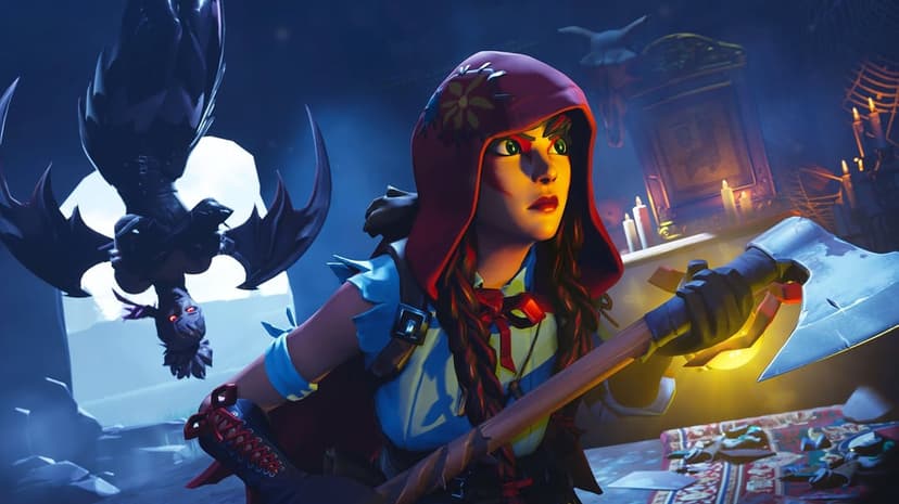 Character in a red hood holds a glowing axe while a winged figure with red eyes hangs upside down behind her.