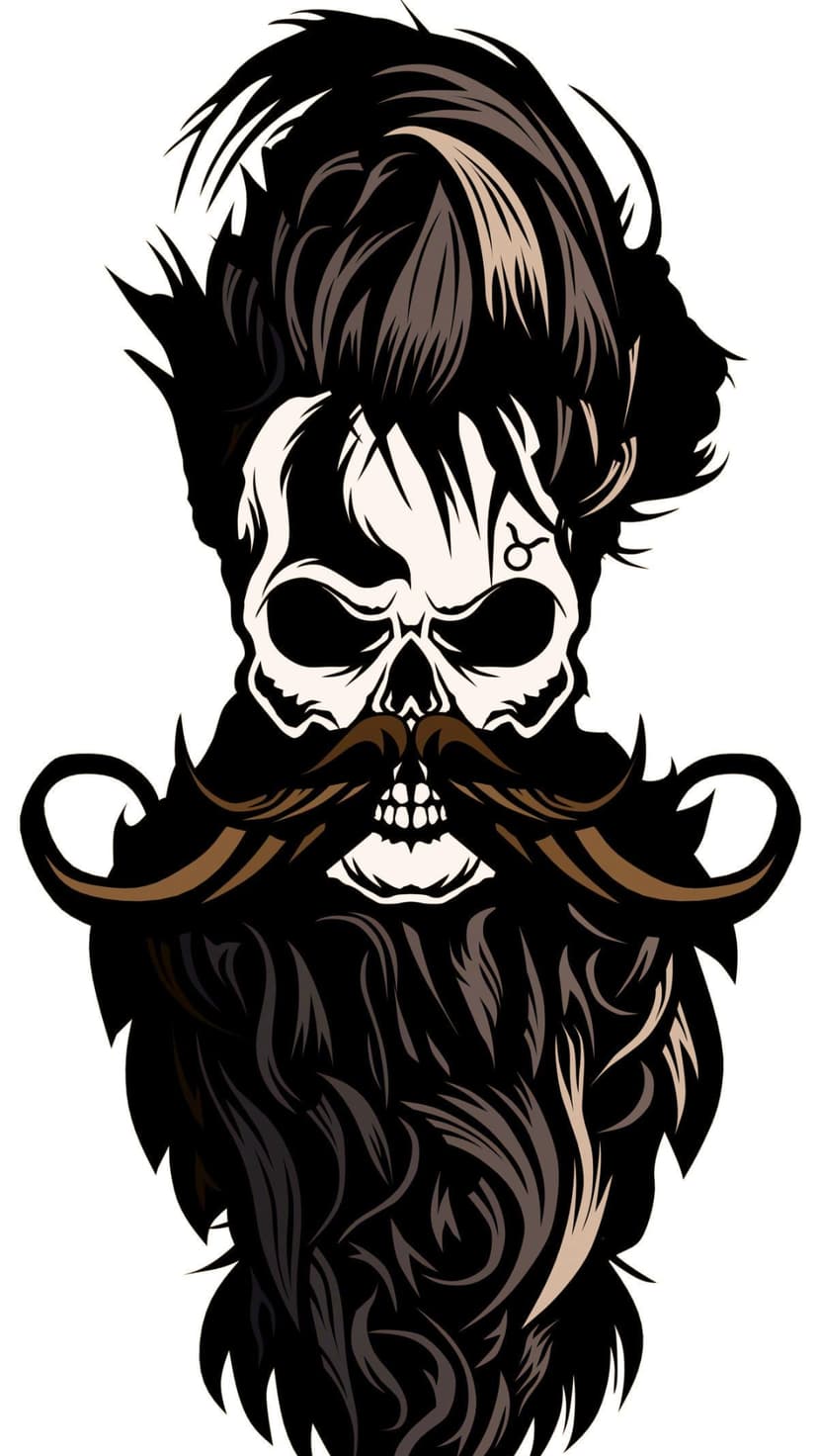Bearded skull with a mustache and Taurus zodiac symbol on its forehead against a dark, textured background.