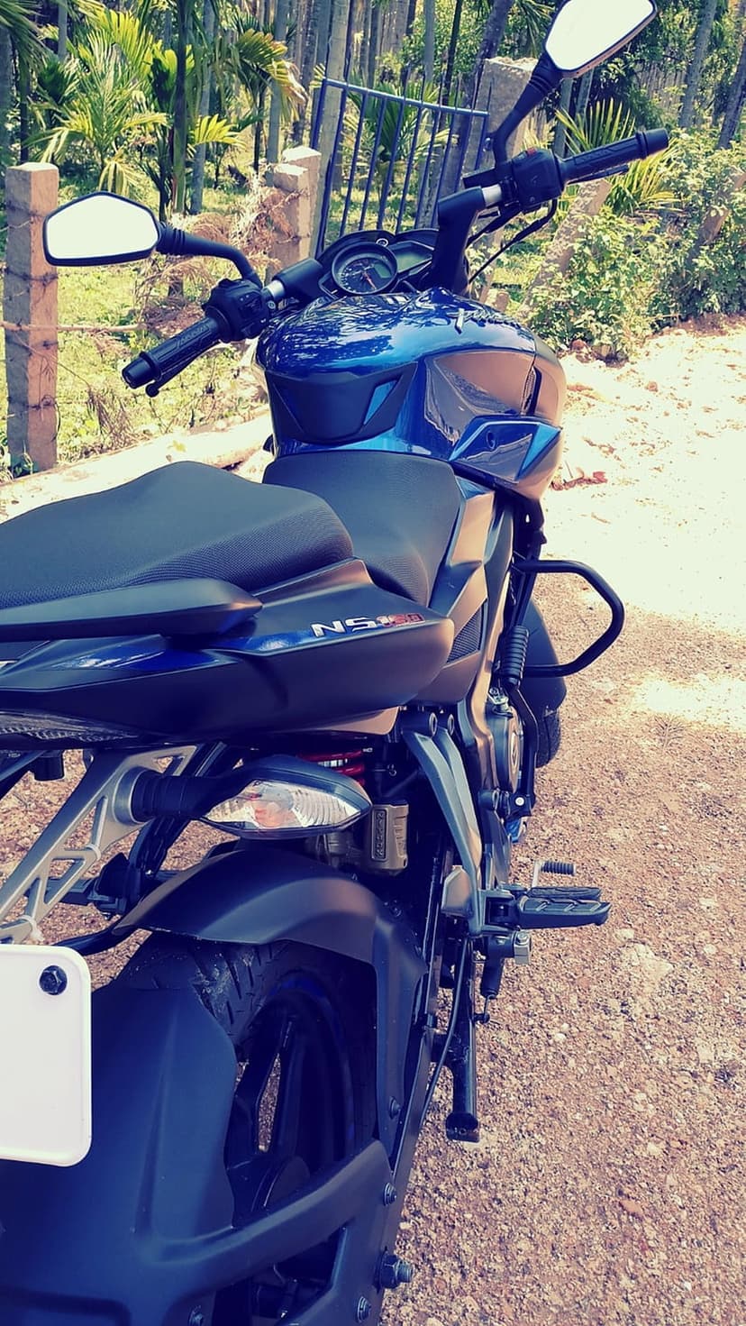 Blue Bajaj Pulsar NS200 motorcycle parked on gravel with green palm trees and foliage in the background.