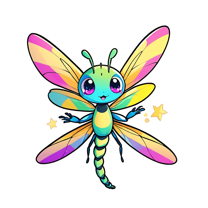 Dragonfly digital clipart features a front-facing cartoon insect with glossy translucent wings and white border.