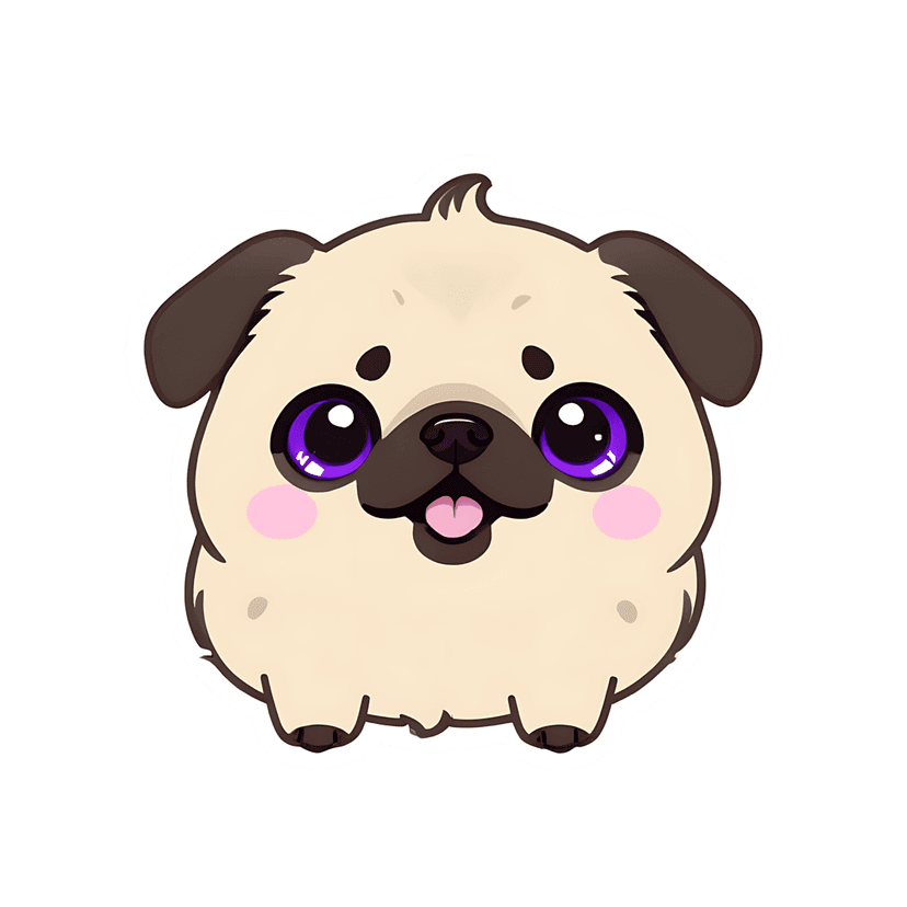 Pug puppy sticker with a cream coat, large purple eyes, and a white outline in a front-facing flat design style.