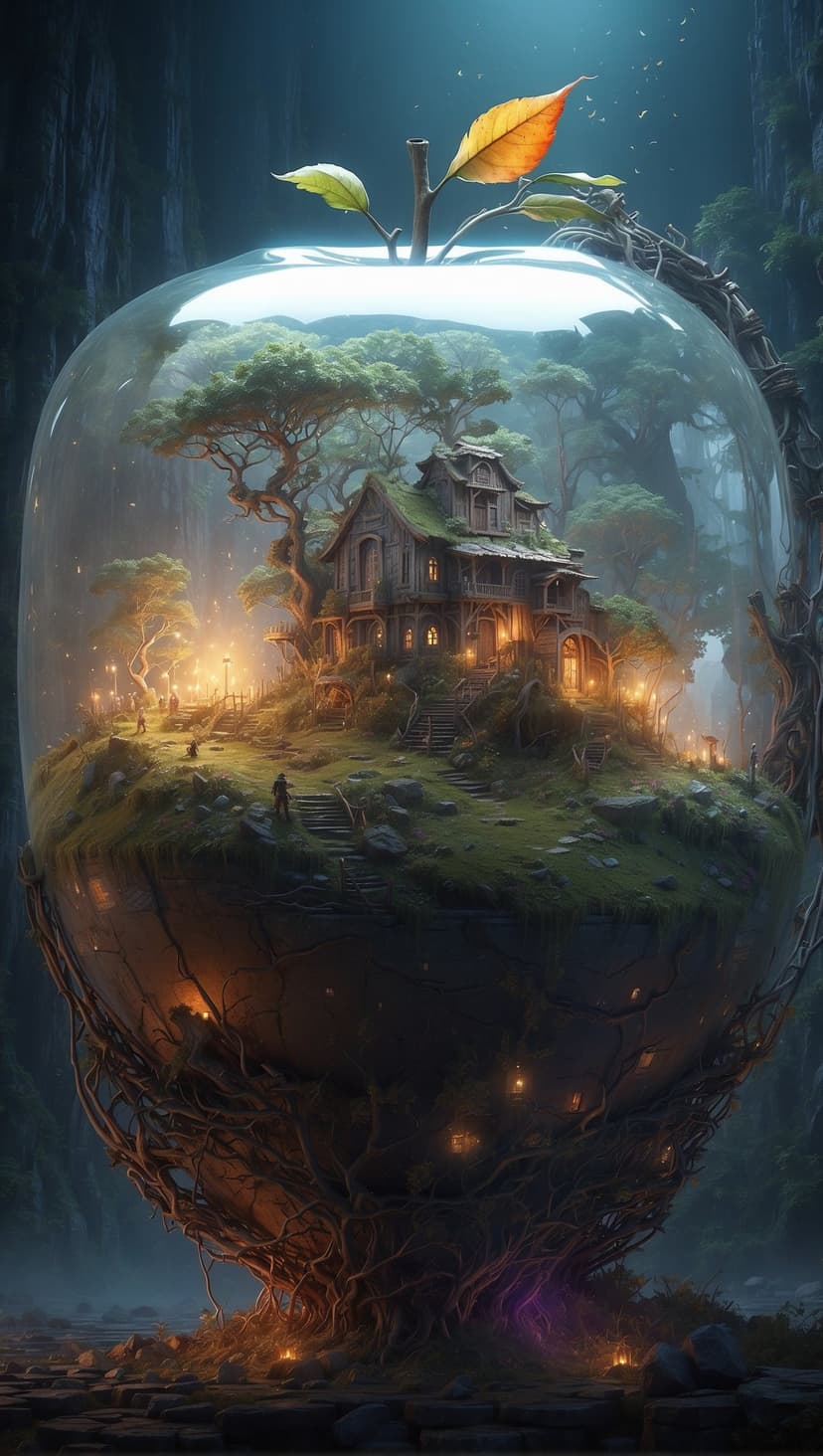 Cottage inside a glass apple glowing with lanterns amidst a misty woodland setting during the purple twilight.