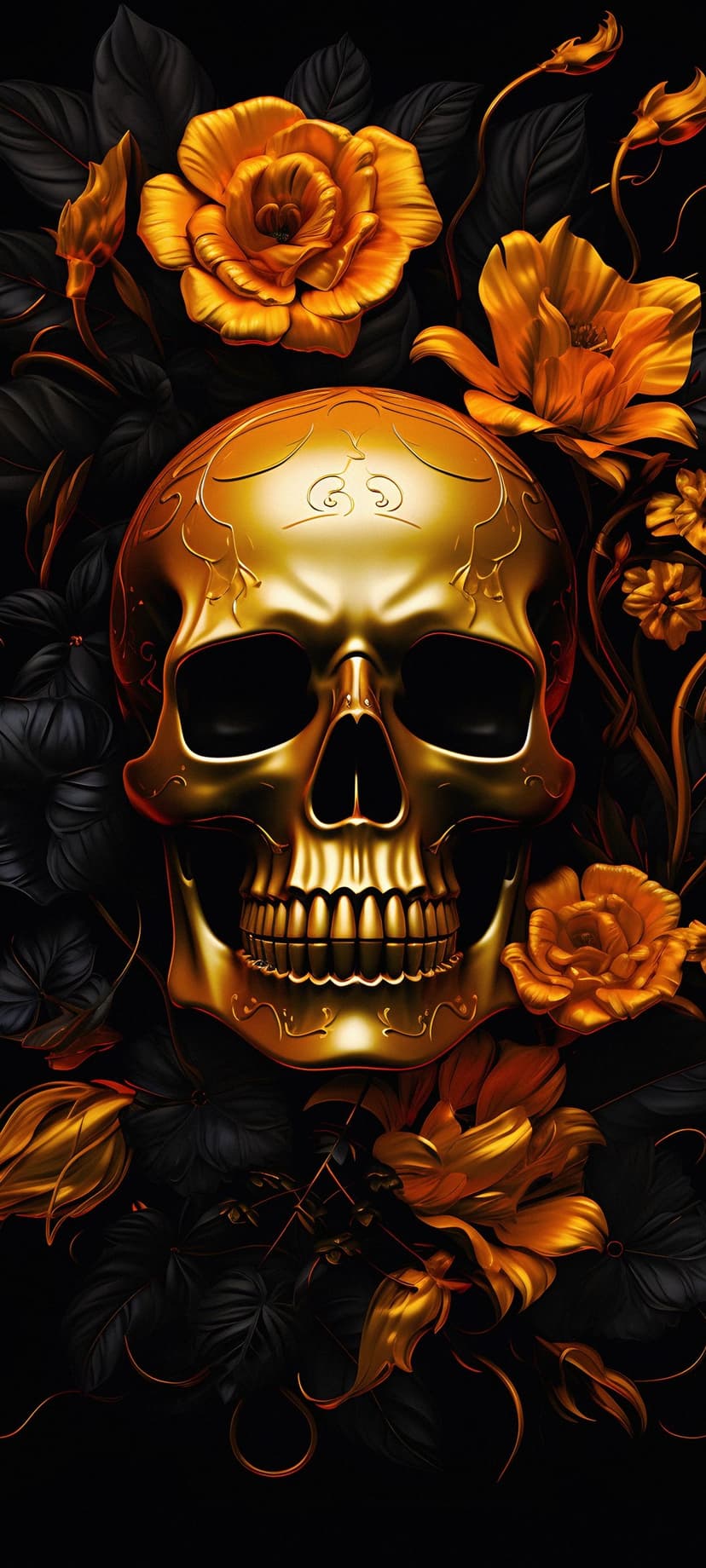 Polished golden skull with intricate carvings surrounded by bright orange flowers and dark leaves on black.