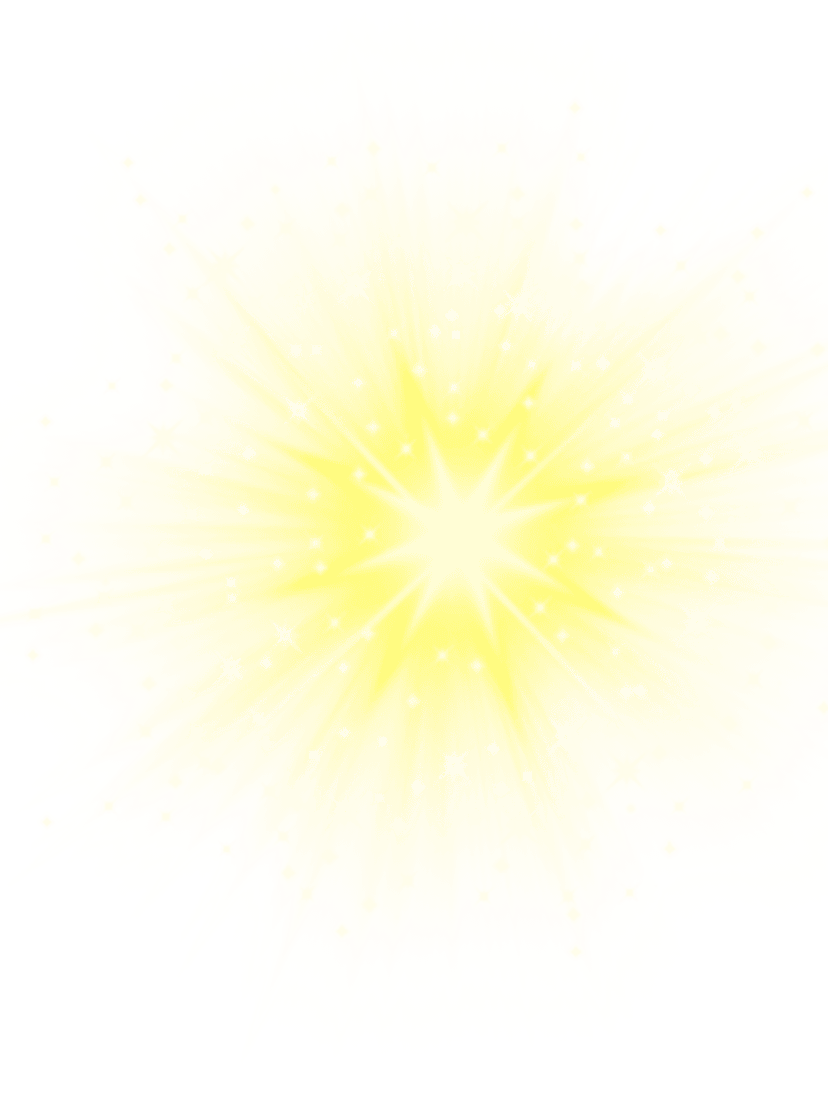 Yellow spark effect radiant light burst with sharp golden rays and a bright luminous center point on transparent.