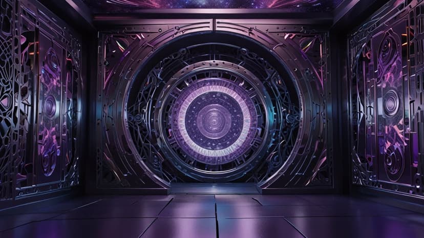 Large circular portal with violet energy glows in a metallic sci-fi room with reflective industrial flooring.