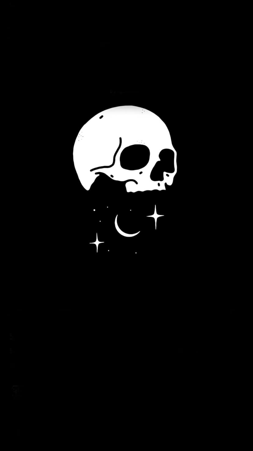 White skull graphic with a crescent moon and stars below it, set against a high-contrast black background.