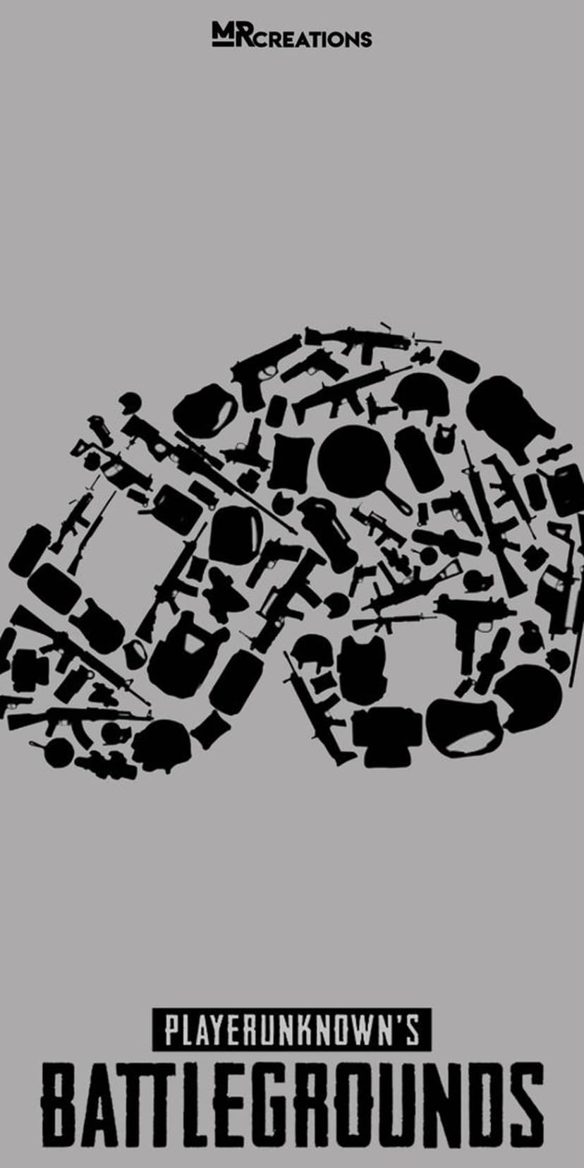 Skull silhouette composed of rifles and military helmets on a gray backdrop above a battle royale game logo.
