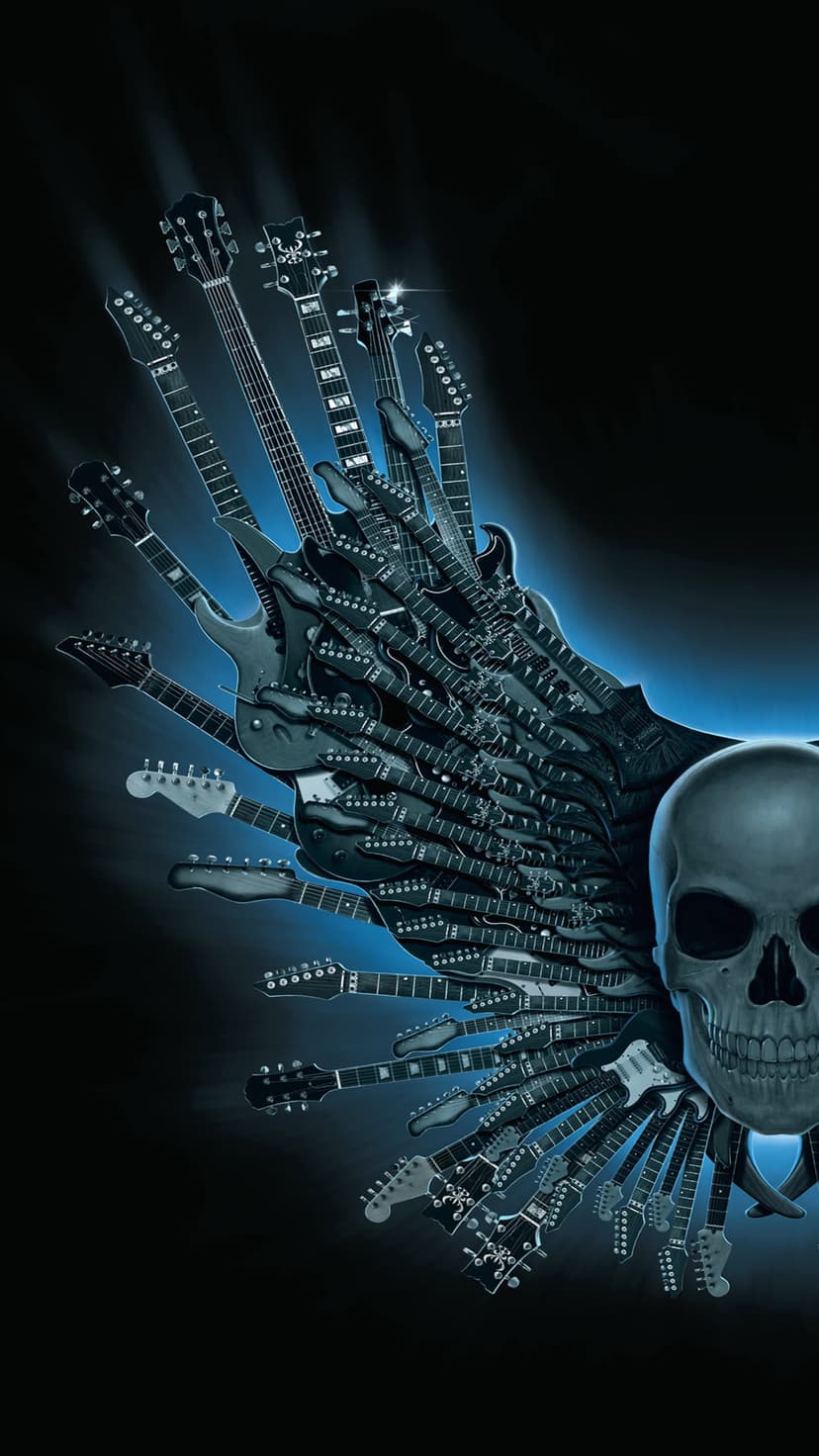 Human skull centered between symmetrical electric guitars forming wings under a dim blue atmospheric glow.