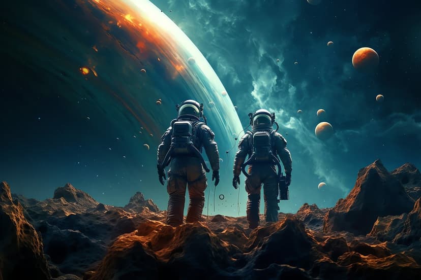 Two astronauts stand on a jagged red surface looking at a giant orange planet and moons in a teal nebula sky.