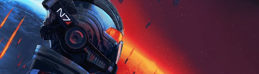 Profile of a sci-fi N7 helmet with a glowing orange visor against a planet and starry red space background.