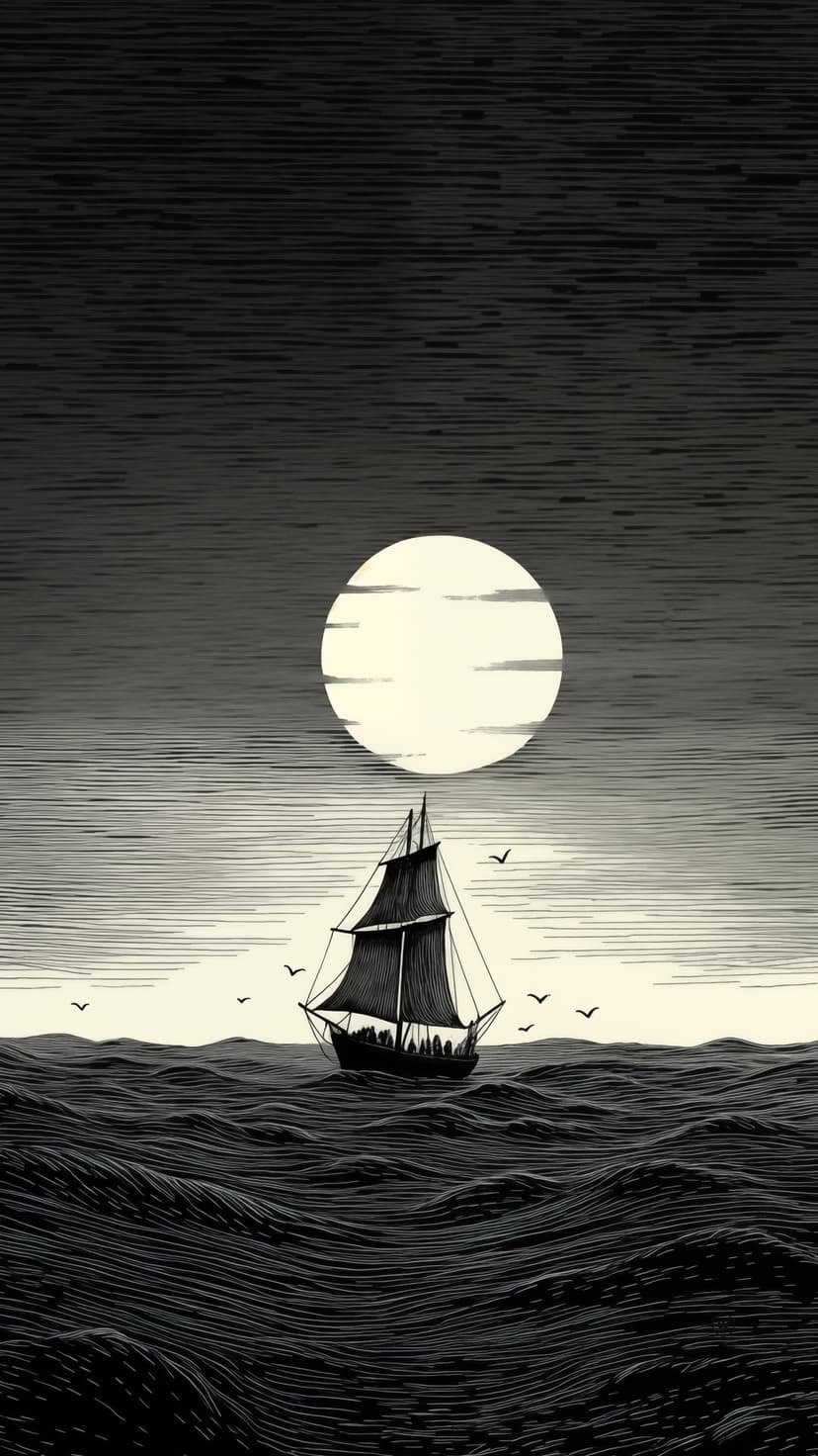 Sailboat with silhouetted crew members navigates rough ocean waves under a massive, glowing full moon at night.