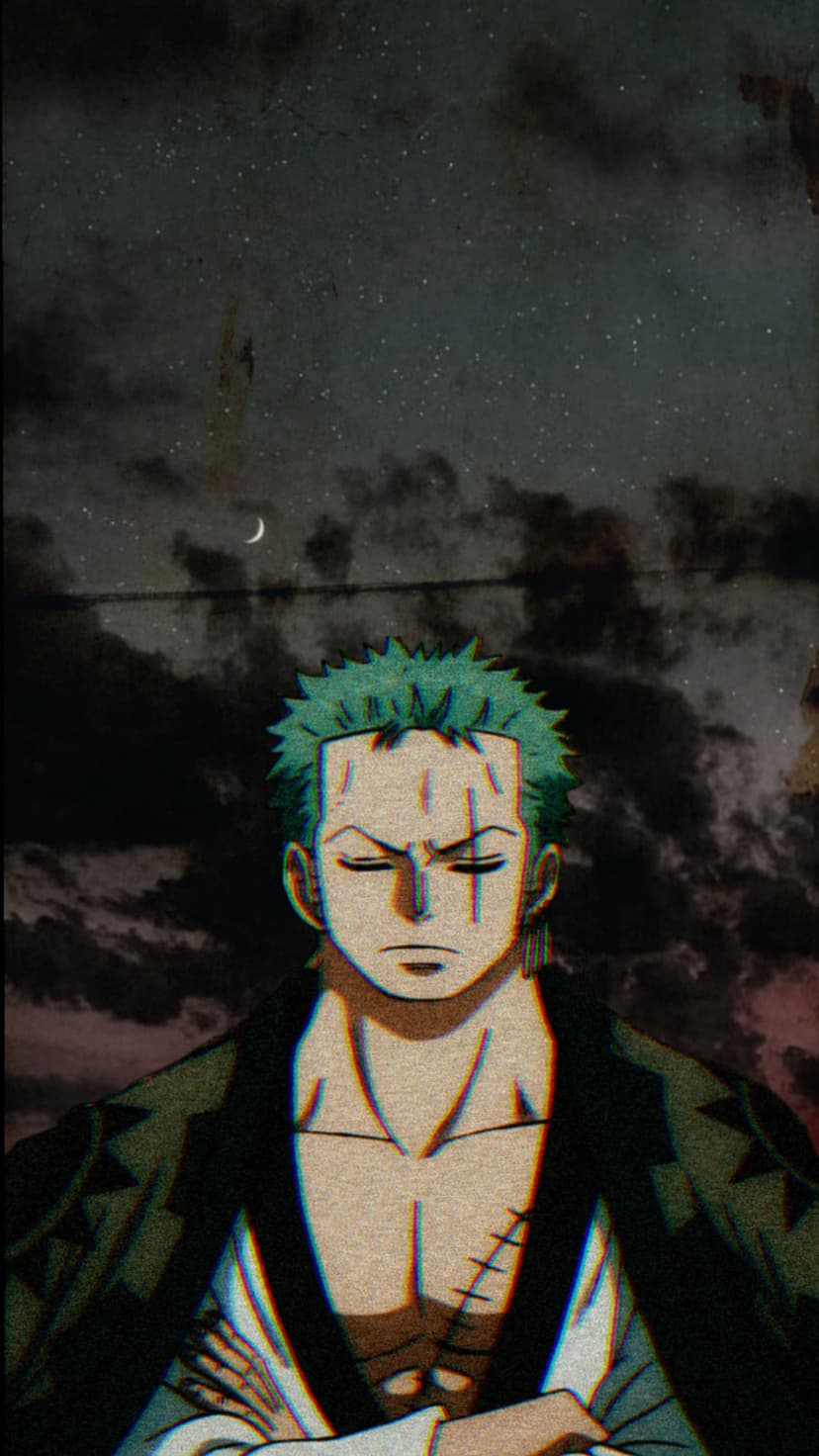 Roronoa Zoro with green hair and a facial scar stands before a crescent moon and starry night sky in a dark scene.
