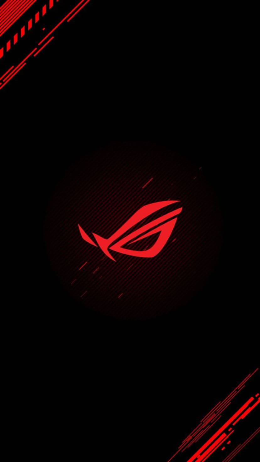 Crimson ROG eye emblem centered on a dark backdrop featuring red geometric lines and sharp technical patterns.