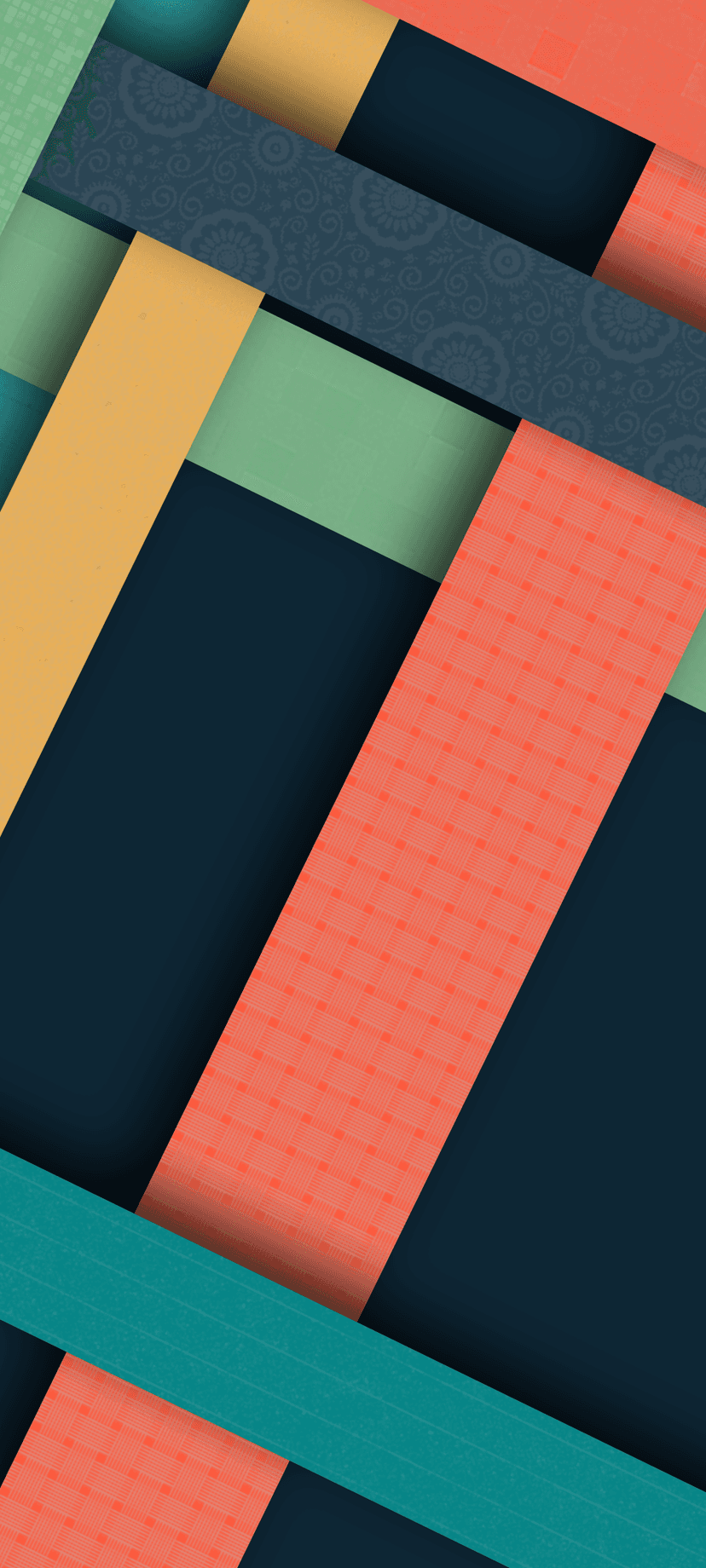 Overlapping diagonal stripes in teal, orange, and yellow layer over a dark navy background with subtle textures.