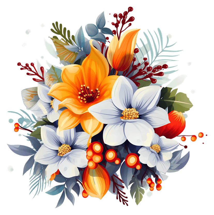Botanical flower bouquet digital illustration shows colorful blossoms with intricate petal details and matte textures.
