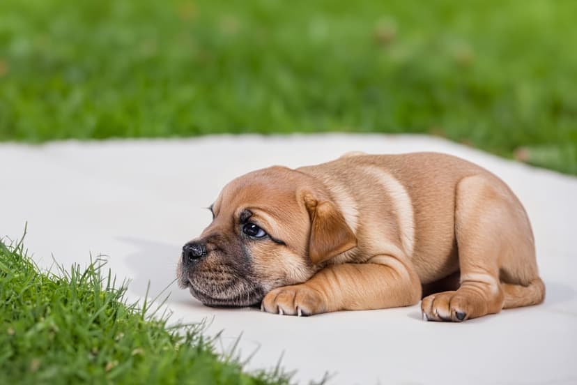 Light brown puppy with dark muzzle rests on a white ground with blurred green lawn behind in portrait view.