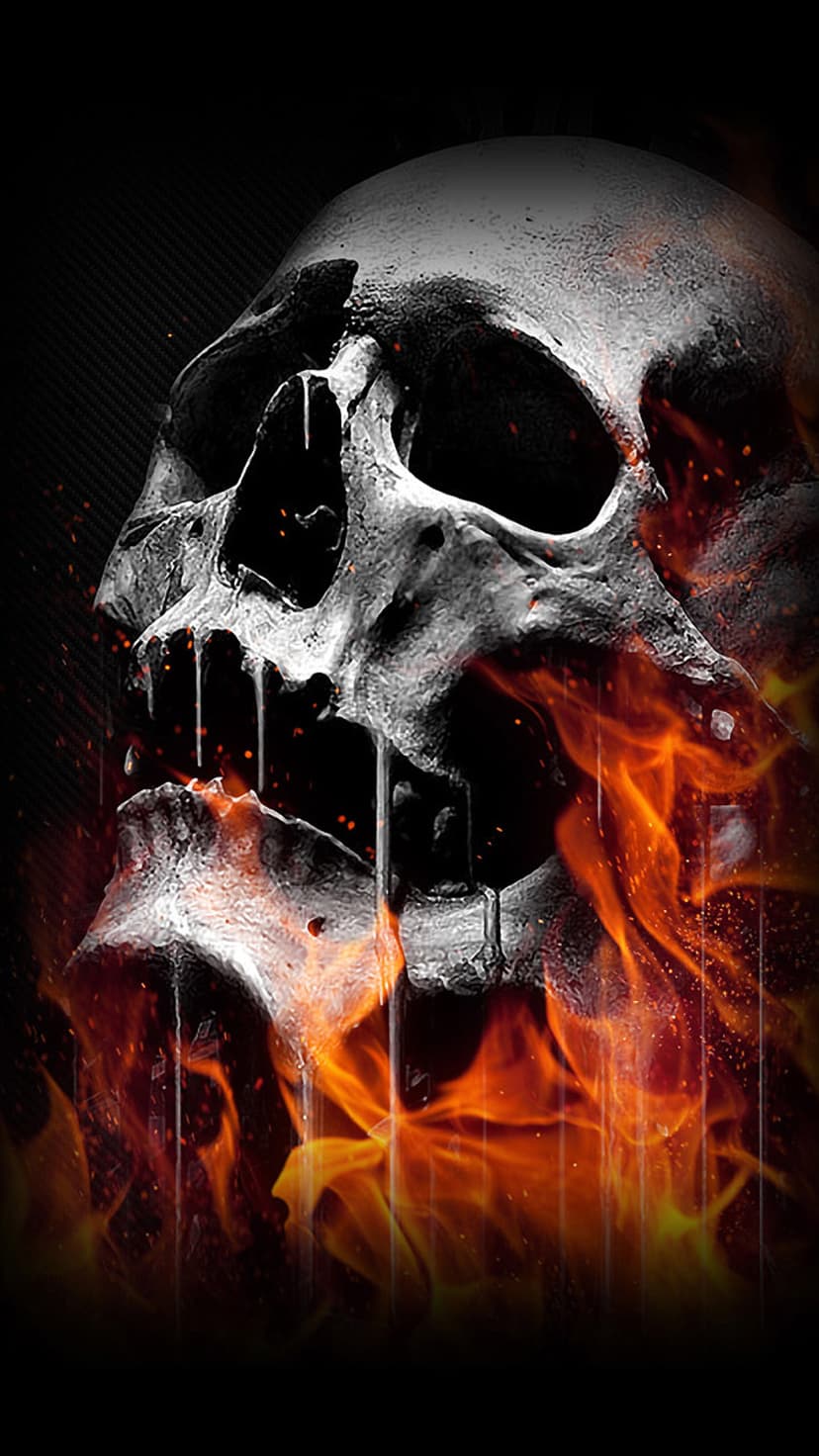 Human skull engulfed in dripping orange and red flames against a black background with glowing embers.