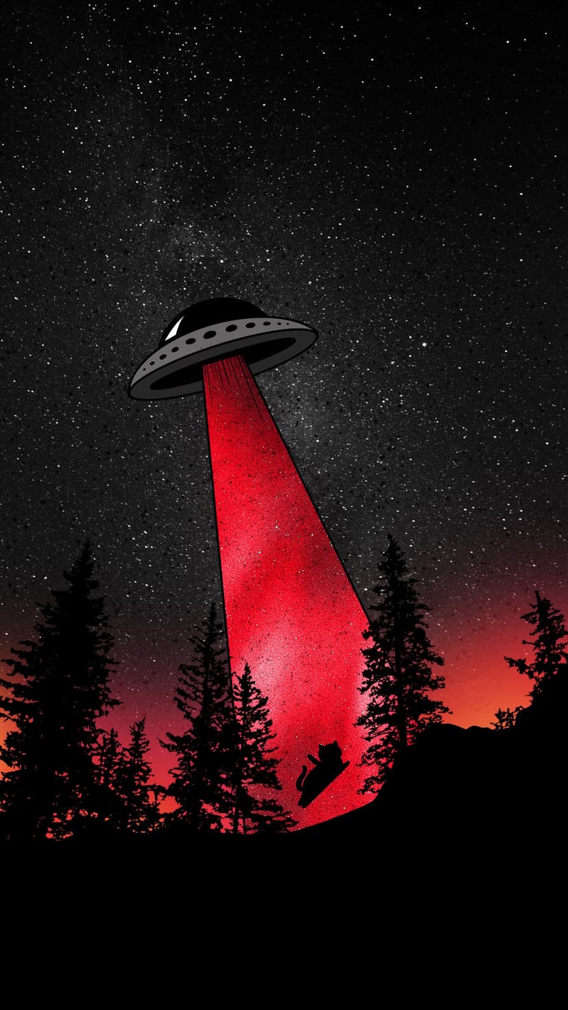 Cat silhouette floats in a red UFO tractor beam above a pine forest under a star-filled purple night sky.