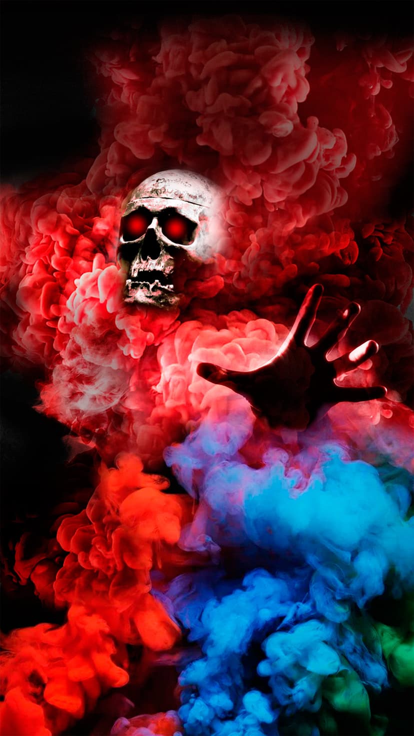 Human skull with glowing red eyes and a skeletal hand emerging from a swirling vortex of red and blue smoke.